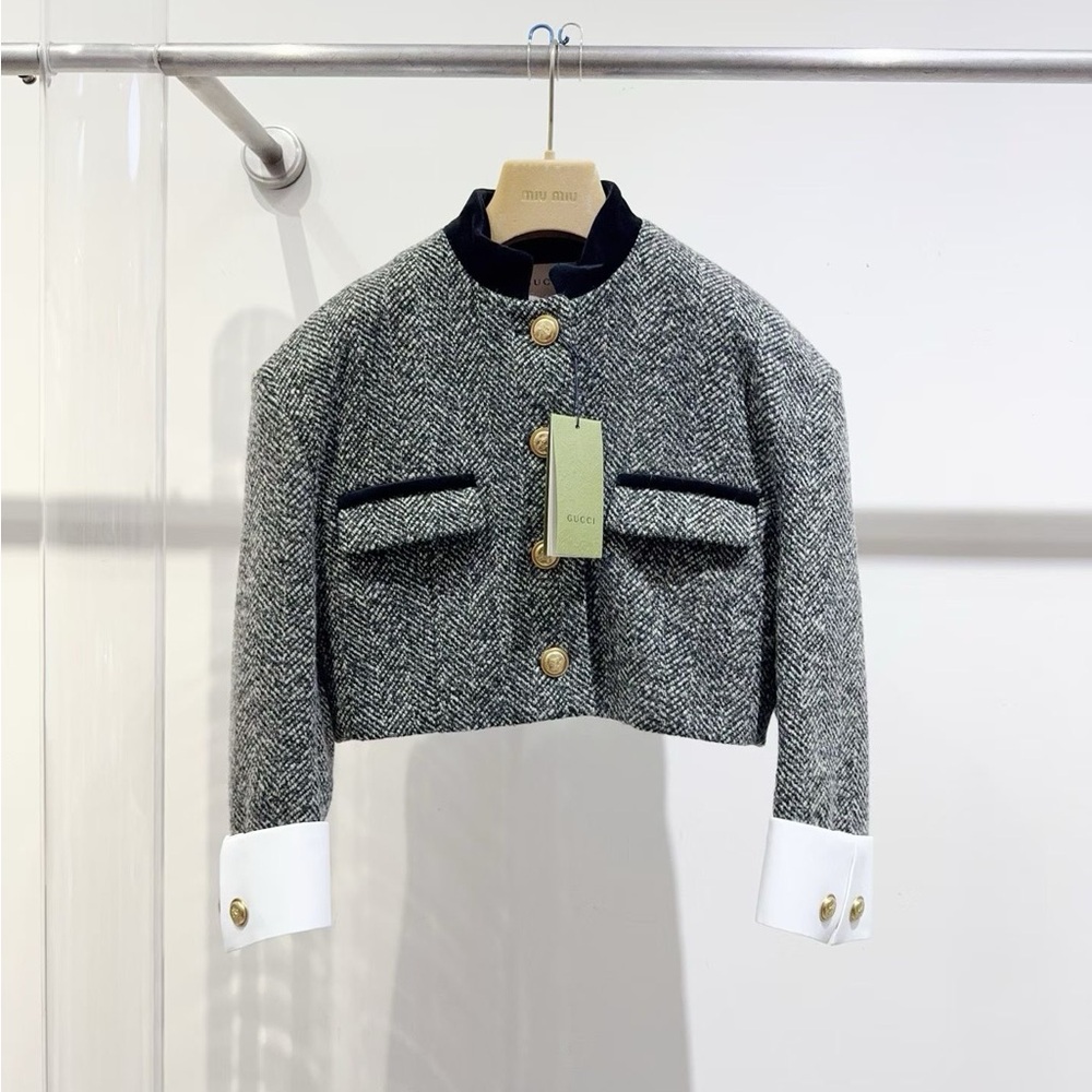 🚩steal authentic Gucci Gray Herringbone Cropped Jacket